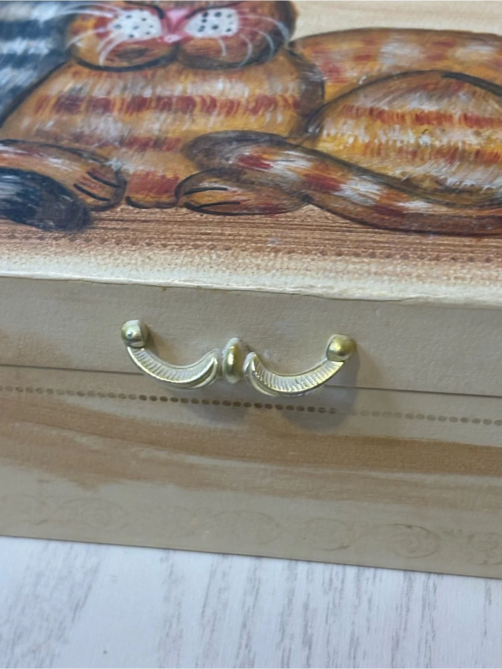 Vintage Jewelry Box Faux Leather Handpainted Cat Design